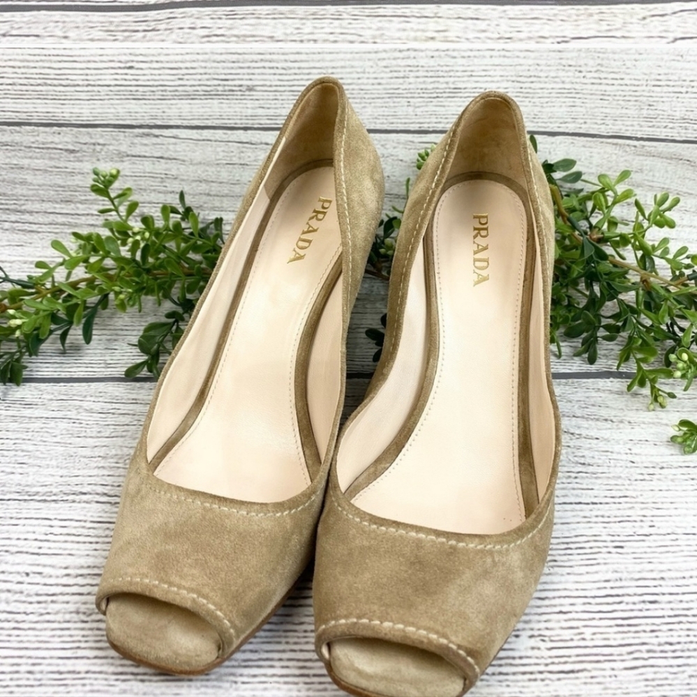 PRADA Peep Toe Suede Wedge Heel 8.5